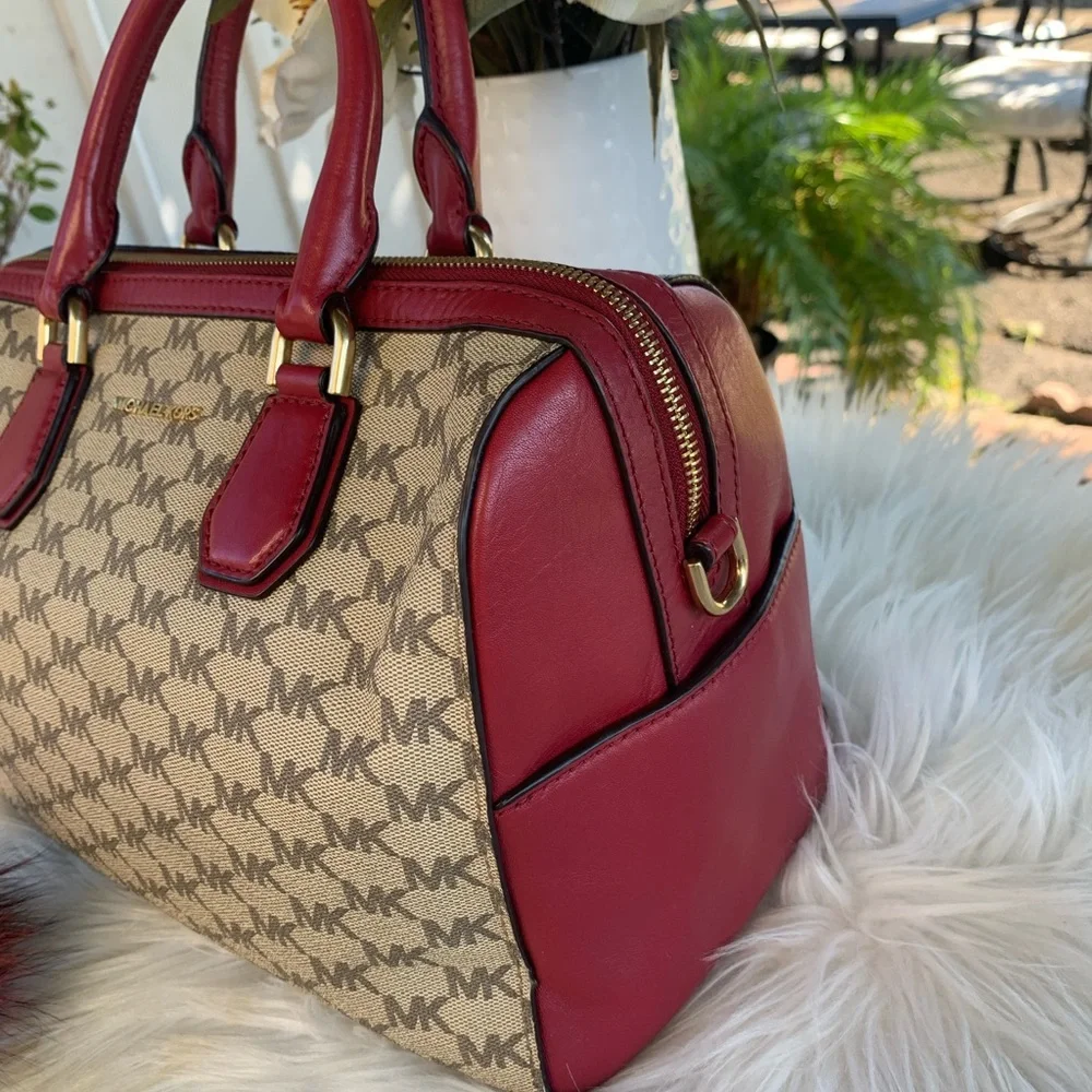 Michael Kors Mercer Medium Duffle Satchel Cherry Red/Tan Leather